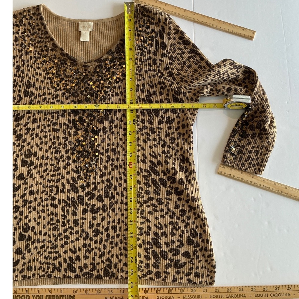 Chico's 3 Leopard Cheetah Animal Metallic Sweater Top Sequins Bling Shimmer XL - Picture 6 of 13